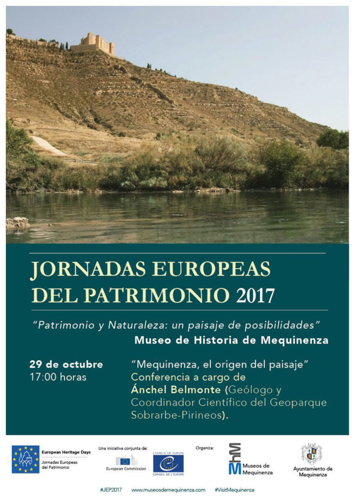 Cartel de las Jornadas Europeas del Patrimonio 2017. Patrimonio y Naturaleza – Un Paisaje de Posibilidades. Ayuntamiento de Mequinenza y Museos de Mequinenza. 29 de Octubre de 2017.