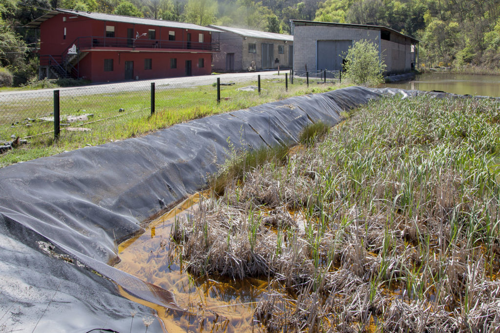 Balsa de decantación de agua en las instalaciones cerradas del Lavadero Salgueiro. Grupo Salgeiro, de UMINSA. Torre del Bierzo. León 2019