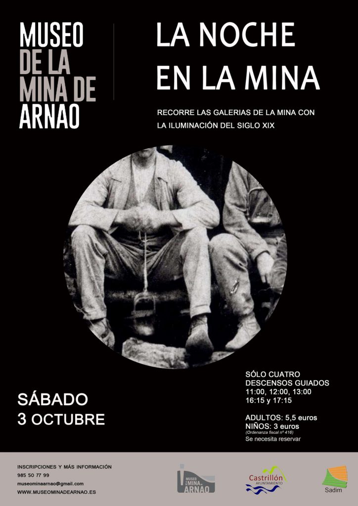 Cartel de la Visita nocturna al Museo, la noche en la mina. Museo de la mina de Arnao. Castrillon. Asturias 2020
