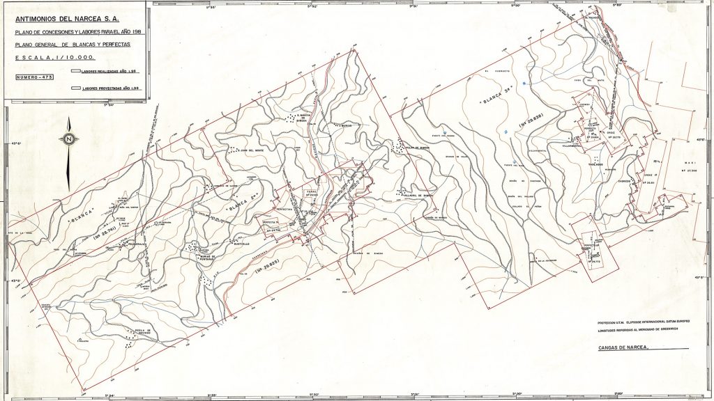 Antimonios del Narcea S.A. Plano de concesiones y labores para el año 198X. Plano general de Blancas y Perfectas. E. 1/10000, nº 473. Cangas de Narcea, Asturias