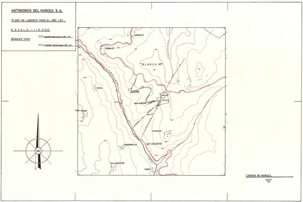 Antimonios del Narcea S.A. Plano de labores para el año 197X. E. 1/10000, nº 474. Cangas de Narcea, Asturias