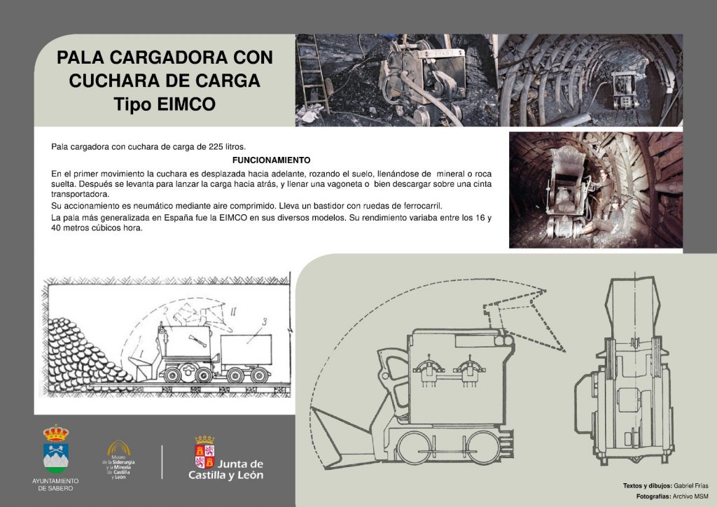 Ficha técnica del Museo de la Siderurgia y la Minería de Castilla y León sobre la pala cargadora con cuchara de carga tipo EIMCO. Sabero, León