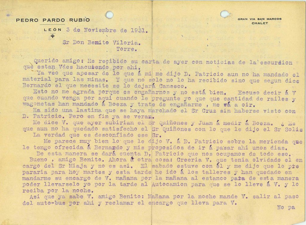 Correspondencia comercial de Pedro Pardo Rubio a Carbones Viloria. Archivo acordeón A5. Documento 3. Volumen 1. 30 pag.  Años 1930 a 1934