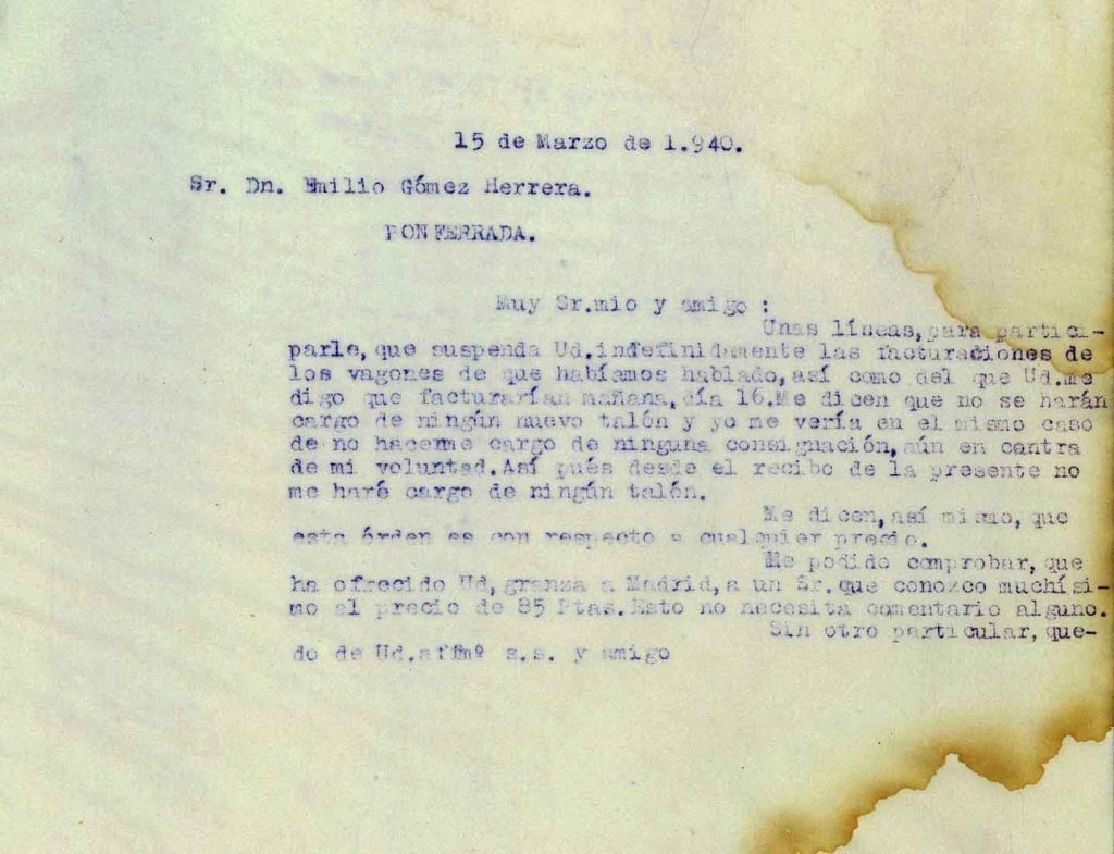 Correspondencia Comercial Carbones Viloria. Documento 11. Tomo 3. 15 pag. Año 1940