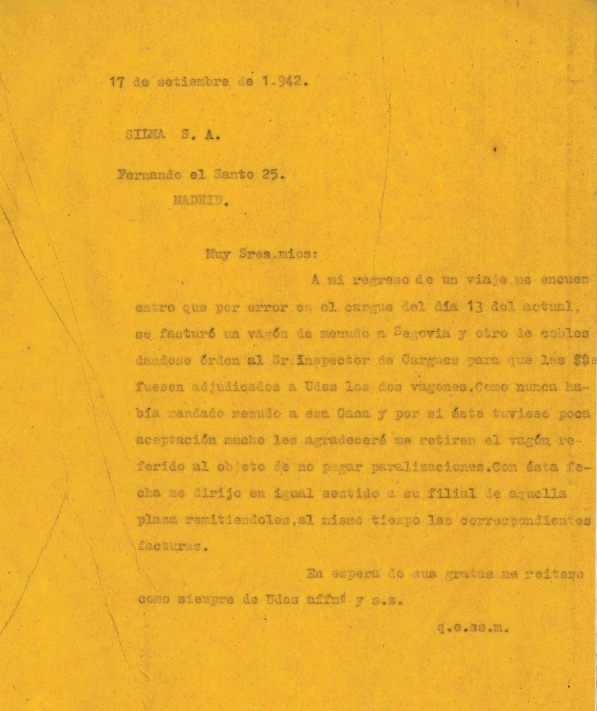 Correspondencia Comercial Carbones Viloria. Documento 9. Tomo 1. 7 pag. Año 1942