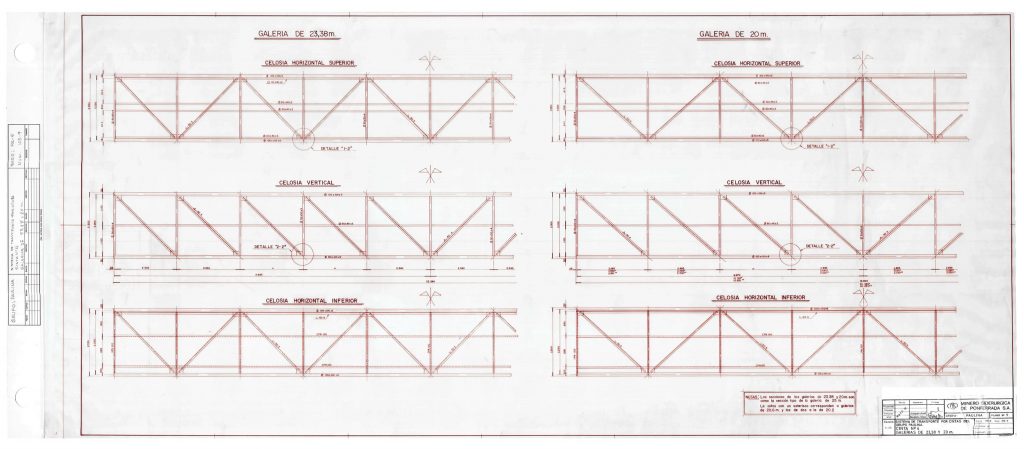 PLN 82 / TOMO 1 MSP. Grupo Paulina. Plano escala 1:25. Sistema de transporte por cintas. Cinta Nº4. Galerías de 23,38 y 20m. Serie PA-E Nº 105-09