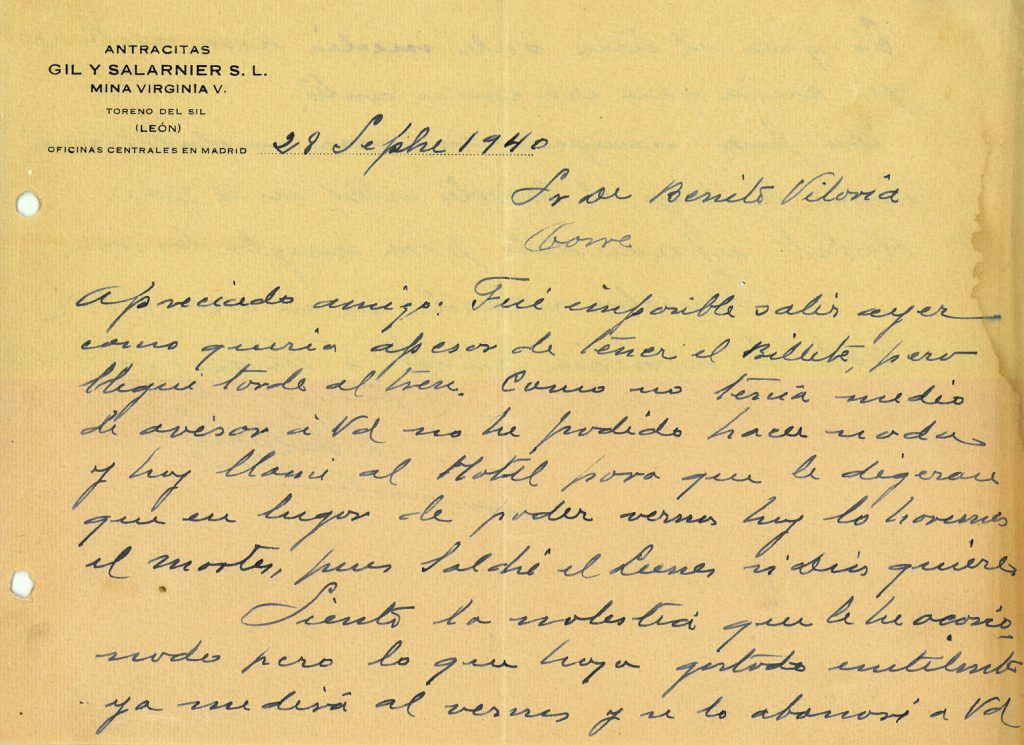 Correspondencia comercial de Gil y Salanier, de la Mina Virginia, a Carbones Viloria. Archivo acordeón A5. Documento 11. Volumen 1. 8 pag.  Año 1940