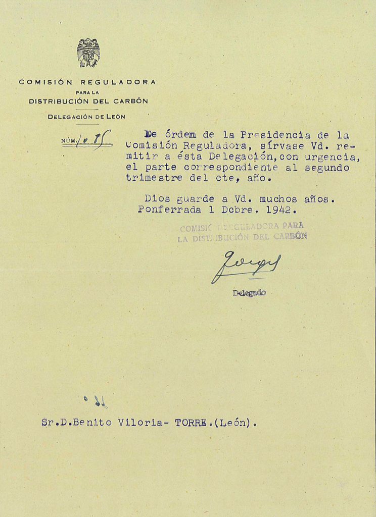 Correspondencia de la comisión reguladora para la distribución de carbón, a Carbones Viloria. Archivo acordeón A5. Documento 12. Volumen 1. 20 pag.  Años 1940 a 1943