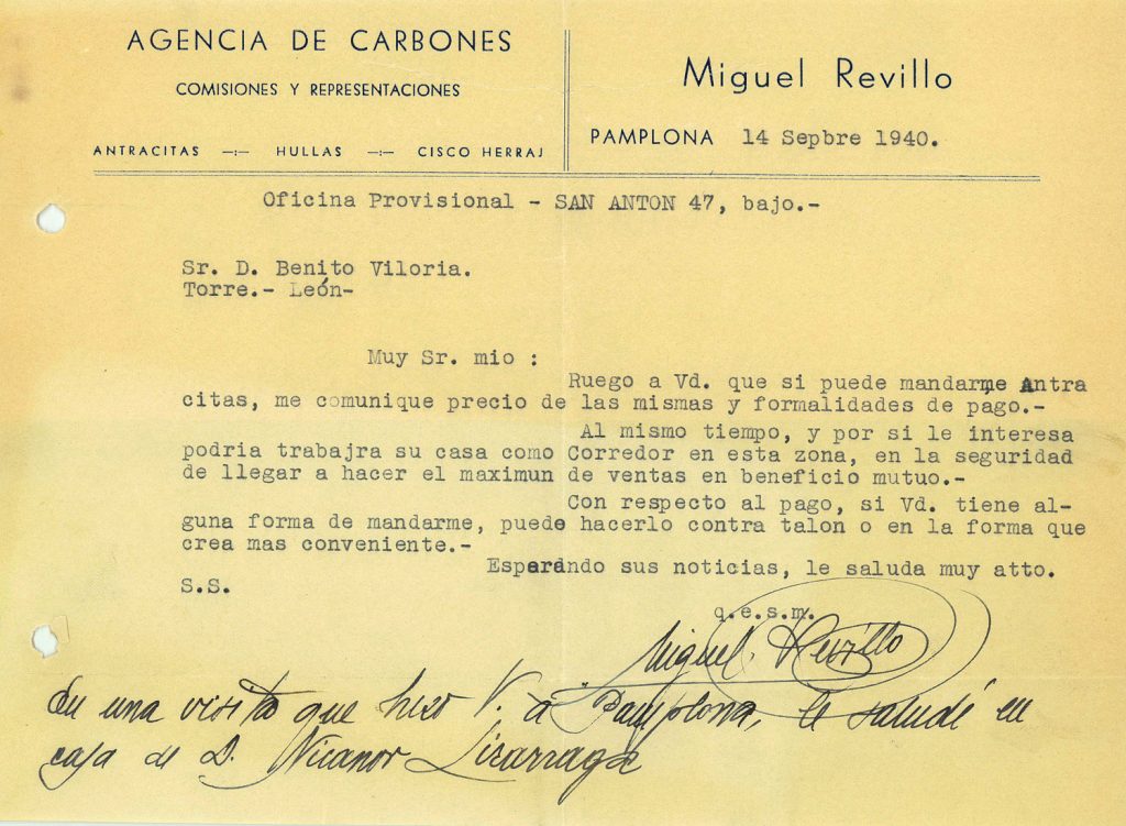 Correspondencia de la agencia de Carbones Miguel Revillo a Carbones Viloria. Archivo acordeón A5. Documento 14. Volumen 1. 11 pag.  Años 1940 a 1941