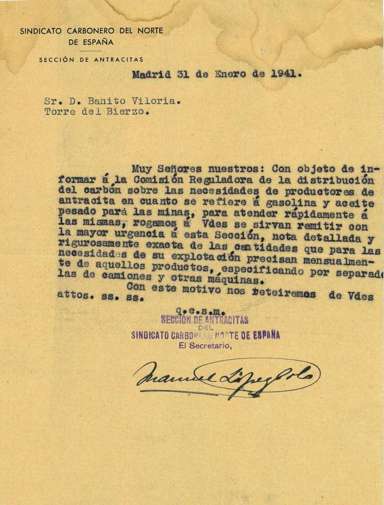 Correspondencia del Sindicato Carbonero del Norte de España a Carbones Viloria. Archivo acordeón A5. Documento 15. Volumen 1. 19 pag.  Años 1940 a 1943