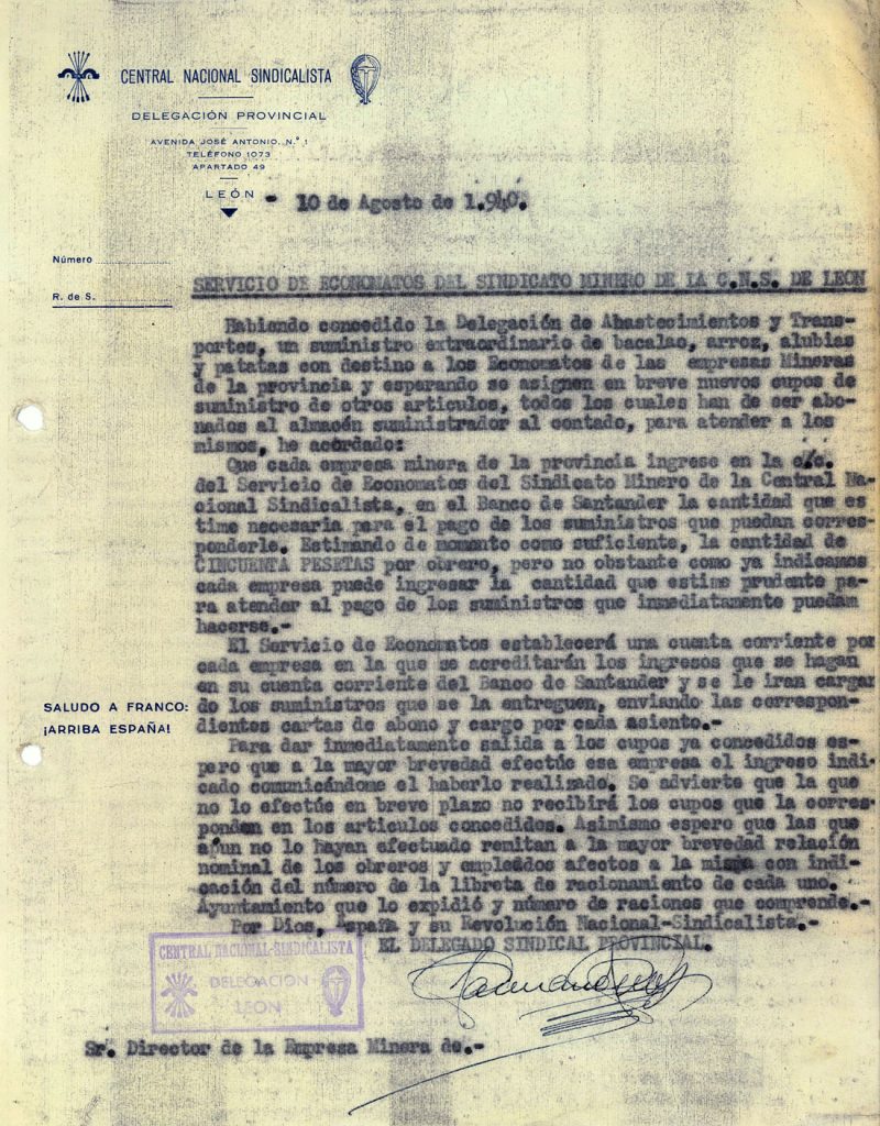 Circular de la Central Nacional Sindicalista, sobre el servicio de economatos. Año 1940. Tomo 5. Doc 10. 1 página