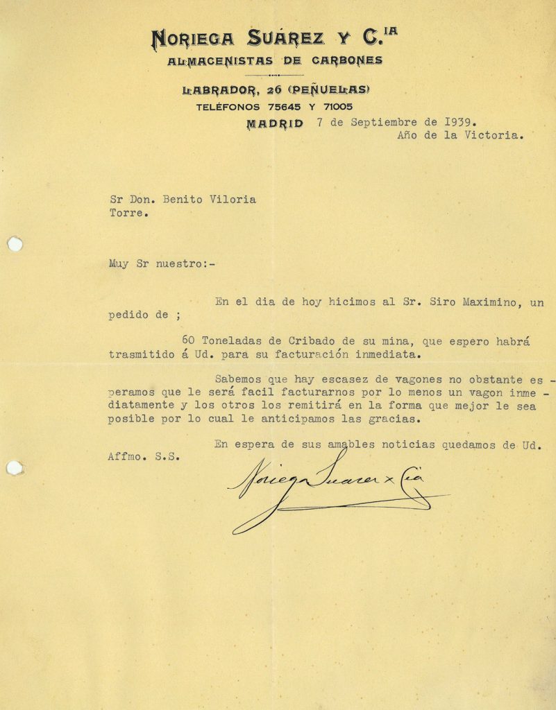 Correspondencia Comercial entre Noriega Suarez y Cia. y Benito Viloria. Año 1939. Tomo 5. Doc 12. 1 página