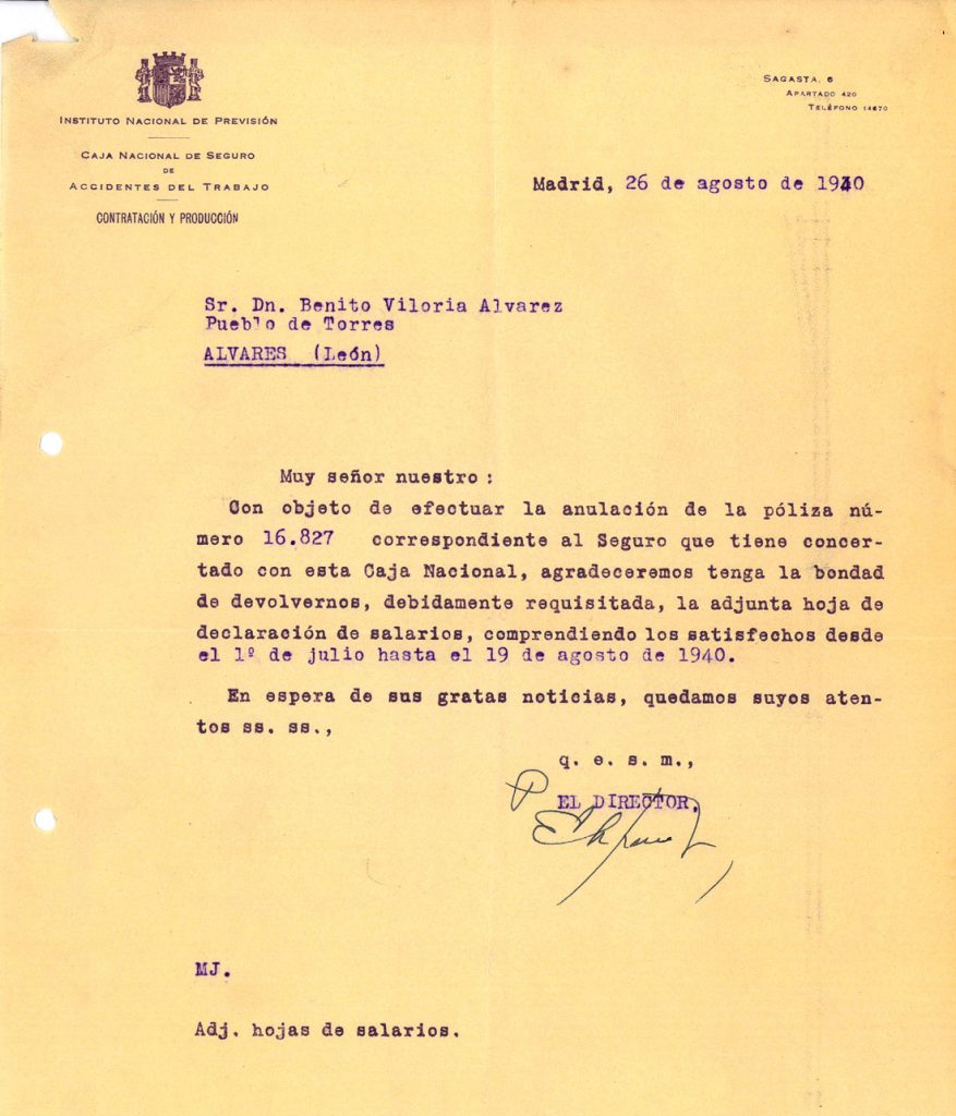 Correspondencia entre El Instituto Nacional de Prevision y Benito Viloria. Año 1940. Tomo 5. Doc 14. 1 página