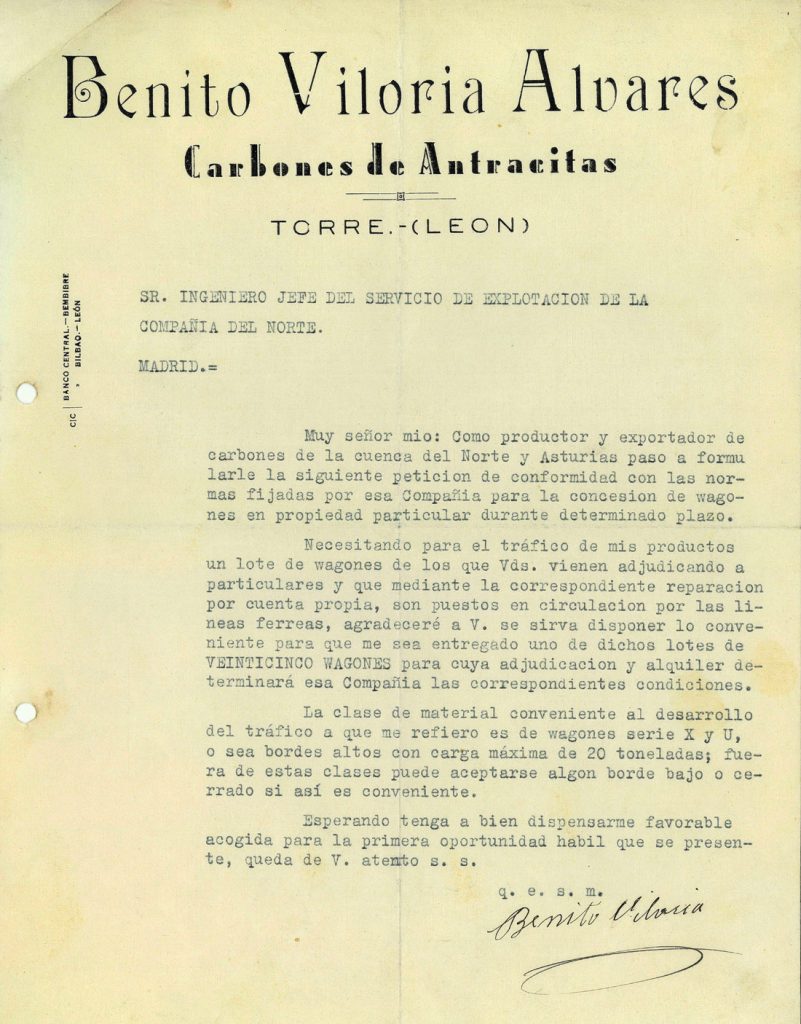 Correspondencia entre Benito Viloria Albares y el jefe del servicio de explotación de la Compañía del Norte. Año 1940. Tomo 5. Doc 15. 1 página