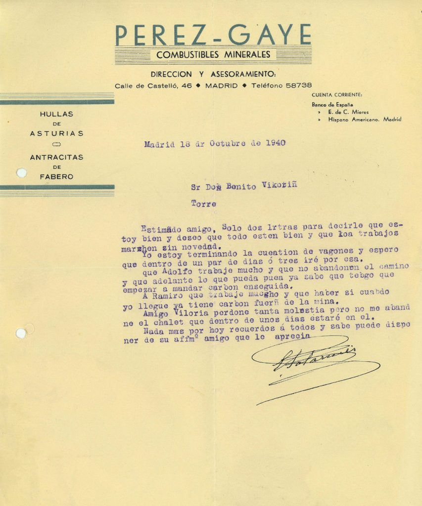 Correspondencia comercial entre Perez-Gaye, Combustibles Minerales y Benito Viloria. Año 1940. Tomo 5. Doc 17. 1 página