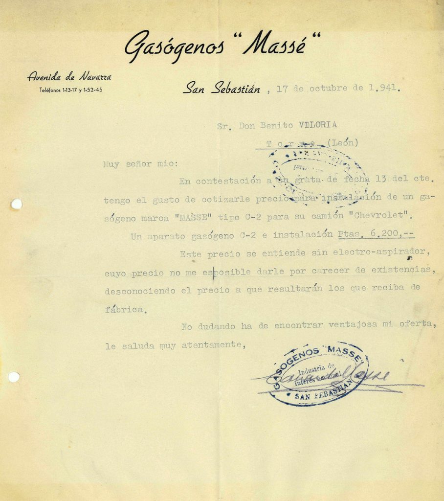 Correspondencia comercial entre Gasógenos Masse y Benito Viloria. Año 1941. Tomo 5. Doc 18. 1 página