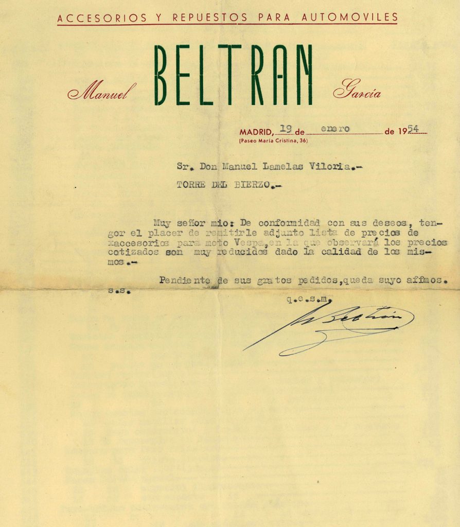 Correspondencia Comercial entre Repuestos Beltran y Manuel Lamelas Viloria. Lista de precios de piezas para moto Vespa. Año 1954. Tomo 5. Doc 19. 3 páginas