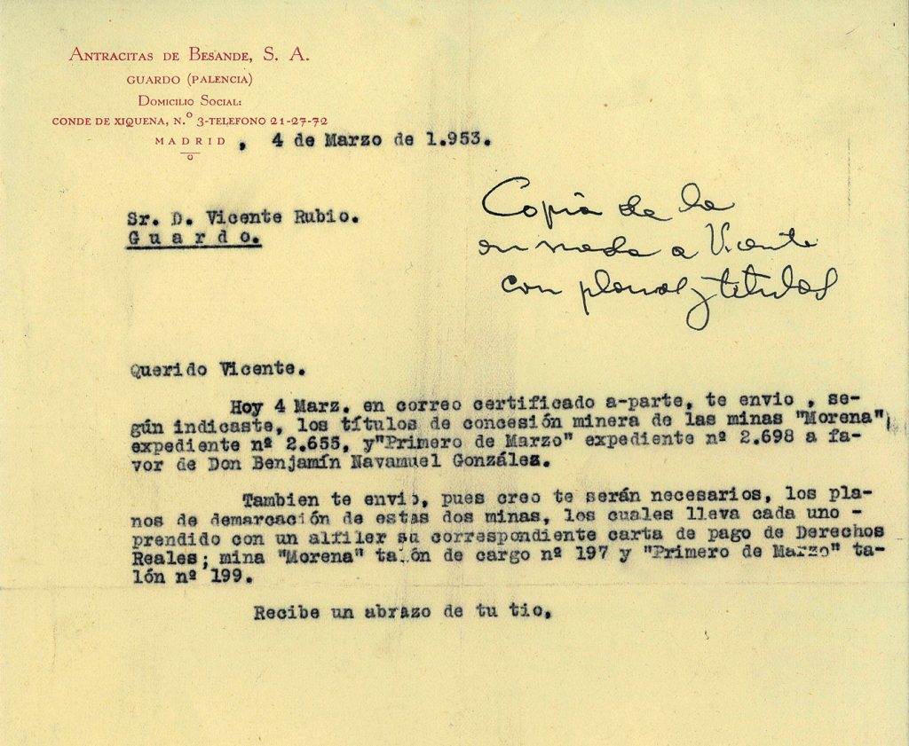 Correspondencia Comercial entre Antracitas de Besande y Benito Viloria. Año 1953. Tomo 5. Doc 2. 1 página