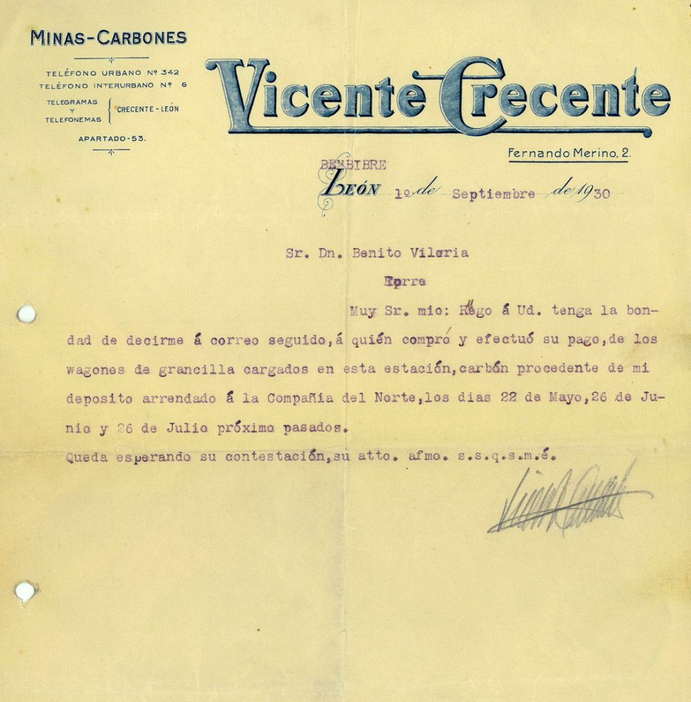 Correspondencia Comercial entre Minas y Carbones Vicente Crecente y Benito Viloria. Año 1930. Tomo 5. Doc 22. 2 páginas