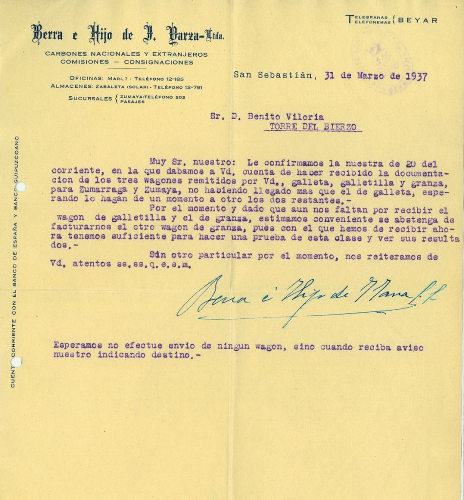 Correspondencia Comercial entre Berra e Hijo de J. Darza y Benito Viloria. Año 1941. Tomo 5. Doc 26. 1 página