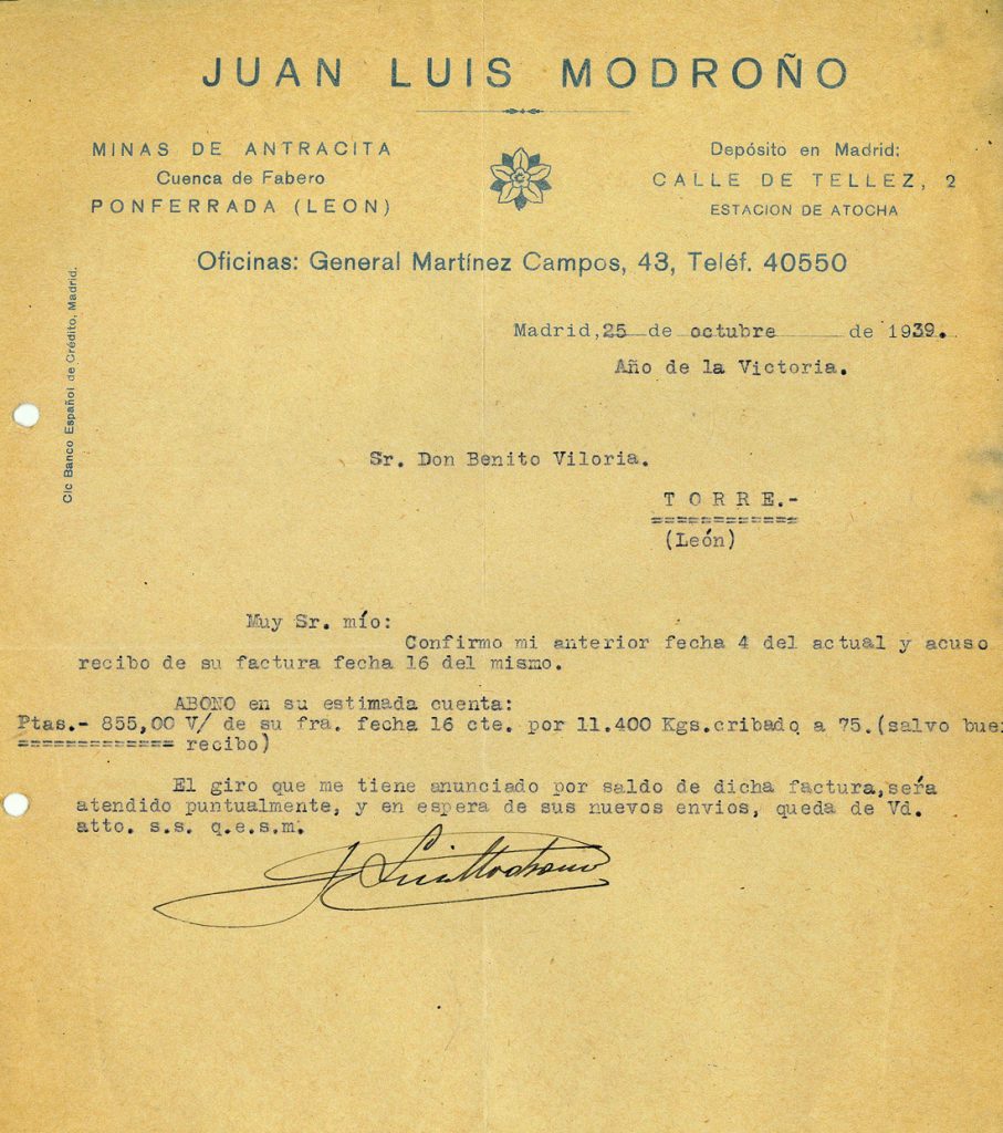 Correspondencia Comercial entre Juan Luis Modroño y Benito Viloria. Año 1939. Tomo 5. Doc 3. 3 páginas