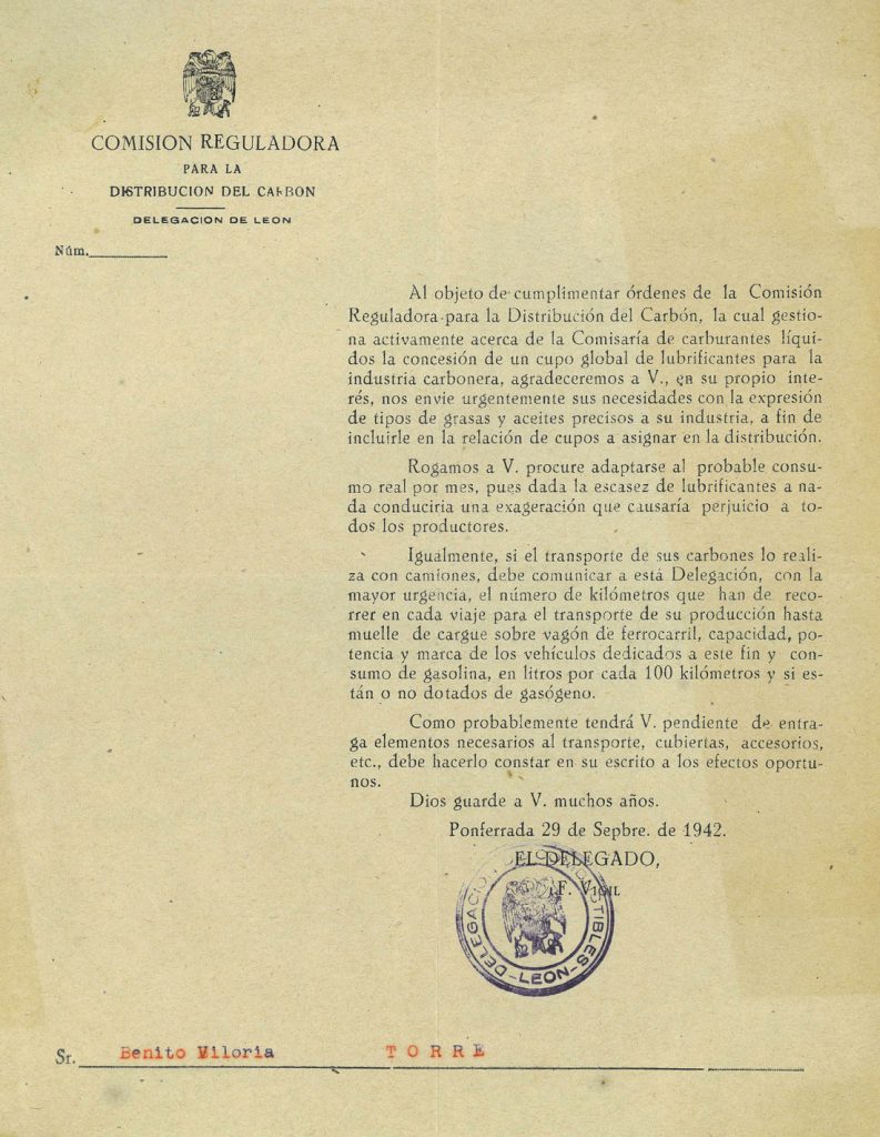 Circular de la comisión reguladora para la distribución del carbón. Año 1942. Tomo 5. Doc 30. 1 página