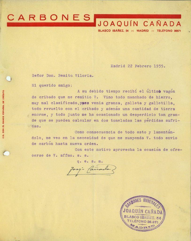 Correspondencia Comercial entre Carbones Joaquin Cañada y Benito Viloria. Año 1935. Tomo 5. Doc 31. 2 páginas