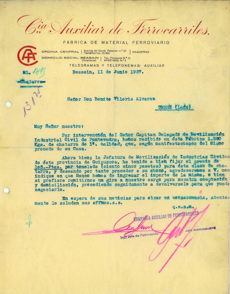 Correspondencia Comercial entre la Cia. Auxiliar de Ferrocarriles y Benito Viloria. Año 1937. Tomo 5. Doc 32. 2 páginas