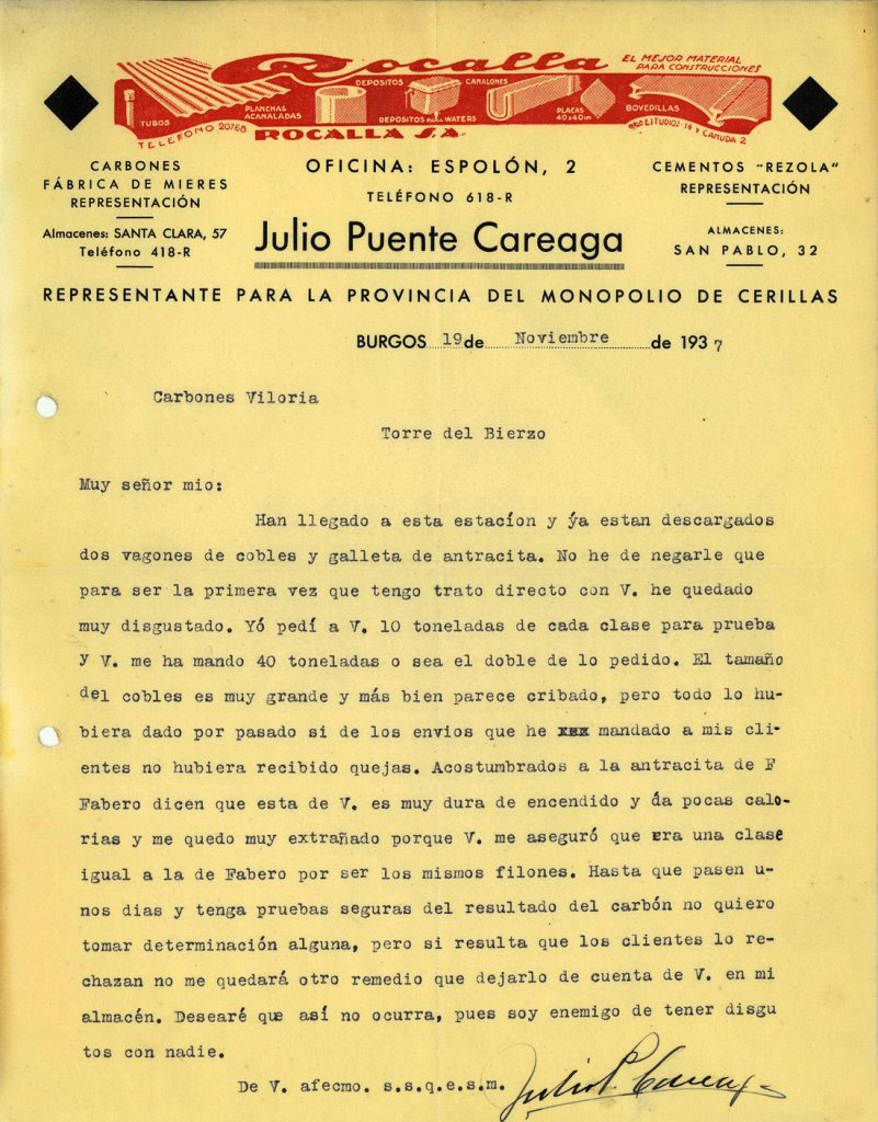 Correspondencia Comercial entre Carbones Julio Puente Careaga y Benito Viloria. Año 1937. Tomo 5. Doc 33. 1 página