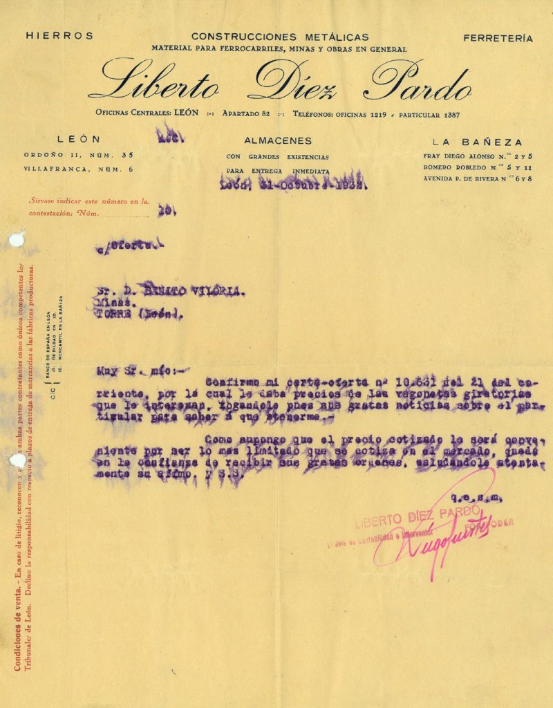 Correspondencia Comercial entre Hierros Liberto Diez Pardo y Benito Viloria. Año 1932. Tomo 5. Doc 35. 1 página