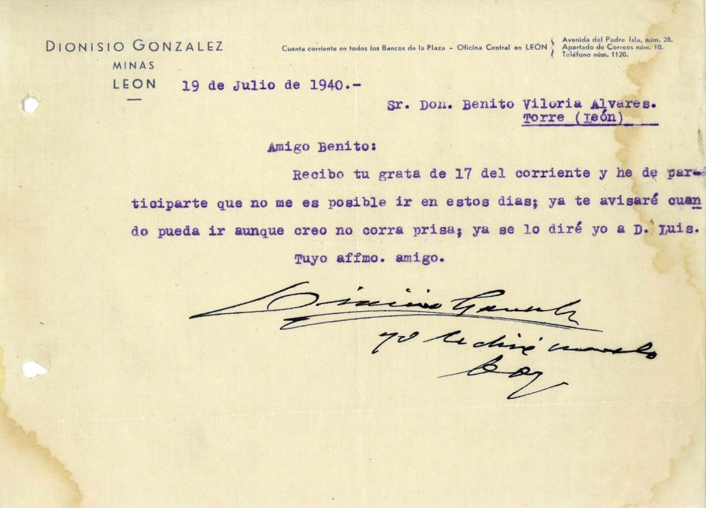 Correspondencia Comercial entre Minas de Dionisio Gonzalez y Benito Viloria. Año 1940. Tomo 5. Doc 36. 1 página