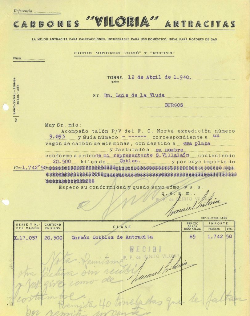 Correspondencia Comercial entre Carbones Viloria y Luis de la Viuda. Año 1940. Tomo 5. Doc 37. 1 página