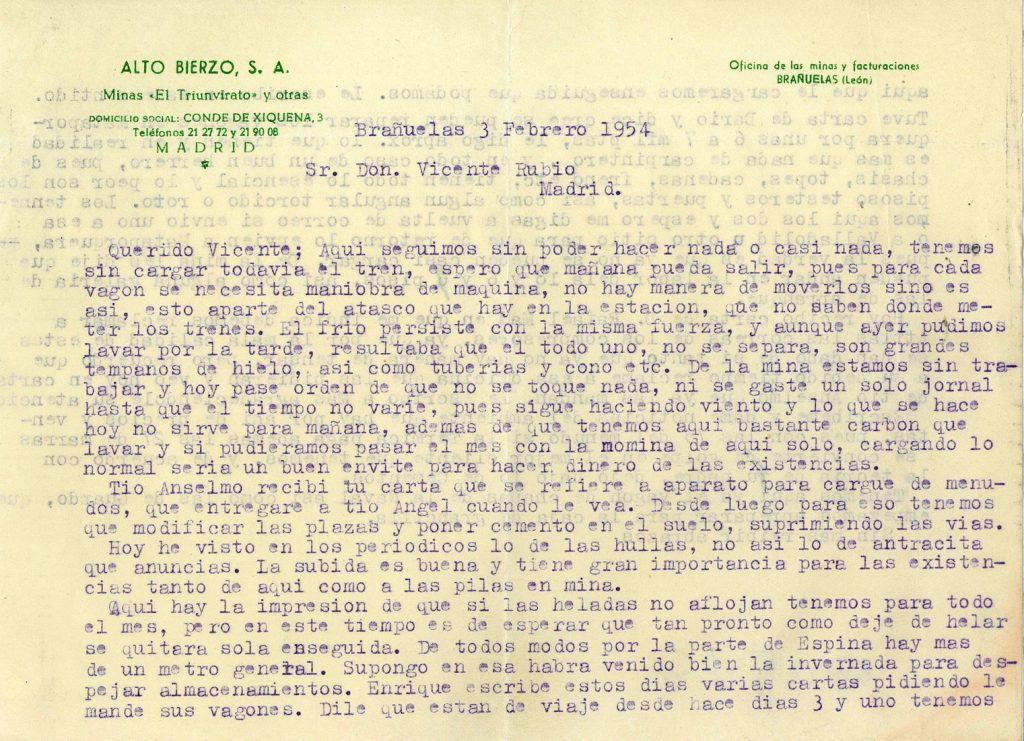 Correspondencia Comercial entre Alto Bierzo S.A. y Vicente Rubio. Año 1954. Tomo 5. Doc 39. 2 páginas
