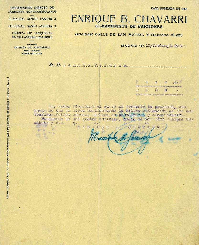 Correspondencia Comercial entre Almacen de Carbones Enrique B. Chavarri y Benito Viloria. Año 1928. Tomo 5. Doc 40. 1 página