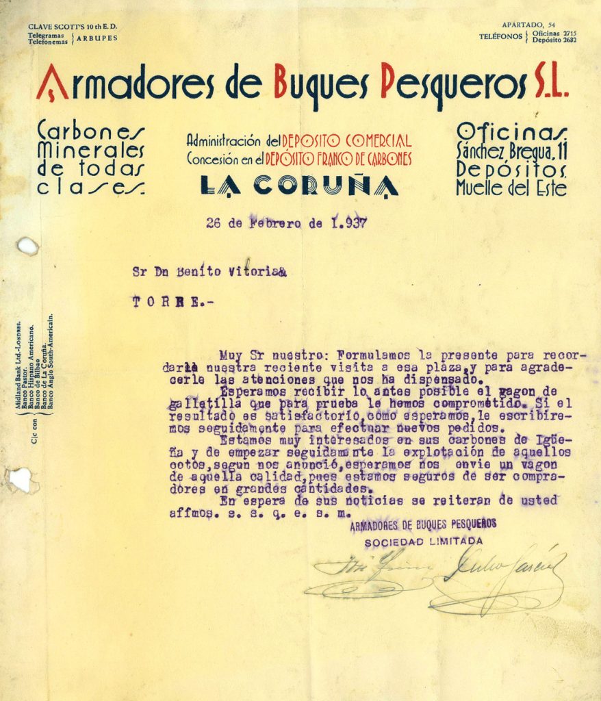 Correspondencia Comercial entre Deposito Franco de Carbones de La Coruña y Benito Viloria. Año 1937. Tomo 5. Doc 41. 2 páginas