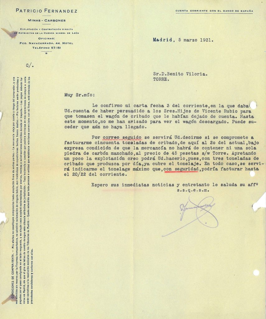 Correspondencia comercial entre Minas y Carbones Patricio Fernandez y Benito Viloria. Año 1931. Tomo 5. Doc 42. 1 página