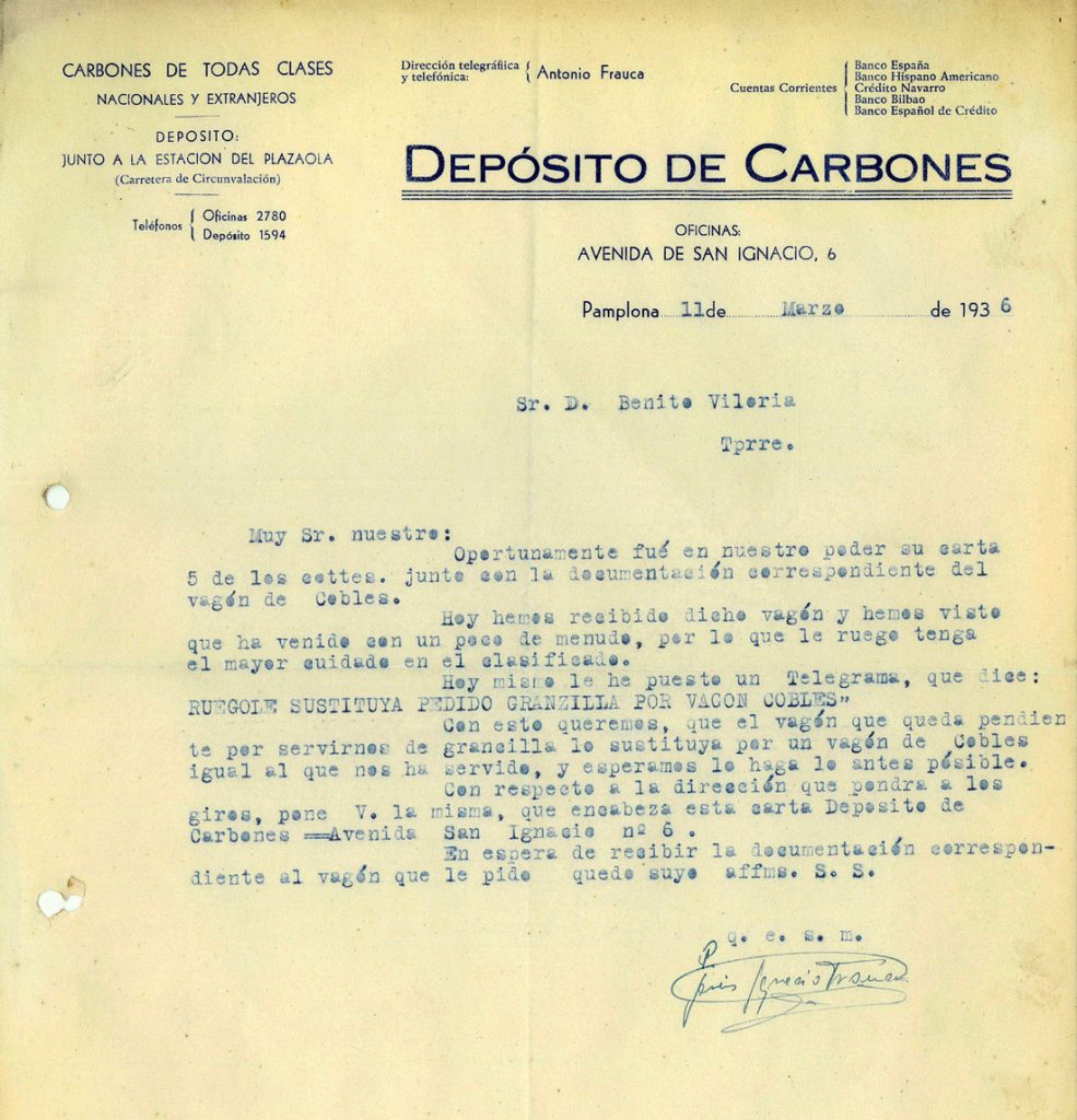 Correspondencia Comercial entre Deposito de Carbones Antonio Frauca y Benito Viloria. Años 1936 a 1938. Tomo 5. Doc 8. 3 páginas