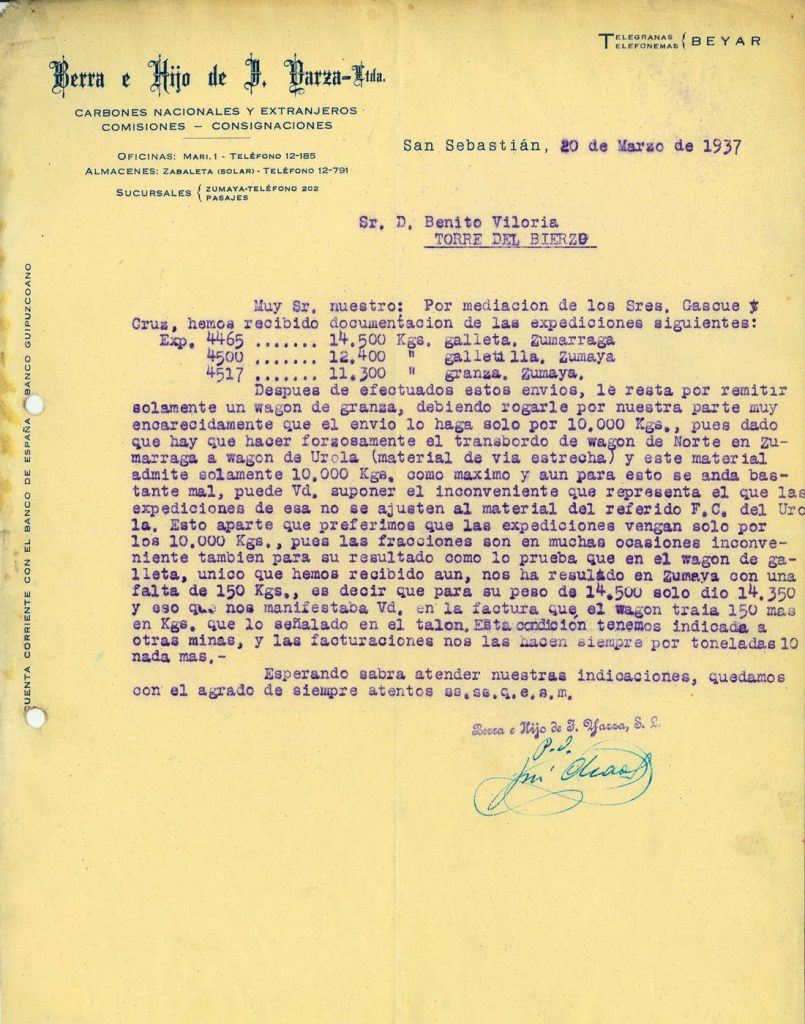 Correspondencia comercial entre Berra e Hijo de J. Darza y Benito Viloria. Año 1937. Tomo 5. Doc 9. 2 páginas