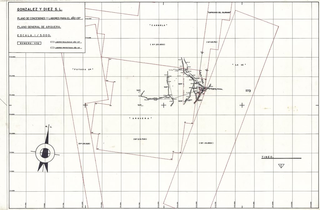 González y Díez S.L. Plano de concesiones y labores para el año 197X. Plano general de Arquera. E. 1/5000, nº 432. Tineo, Asturias