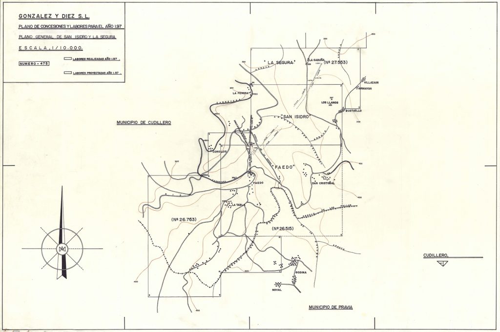 González y Díez S.L. Plano de concesiones y labores para el año 197X. Plano general de San Isidro y La Segura. E. 1/10000, nº 475. Cudillero, Asturias