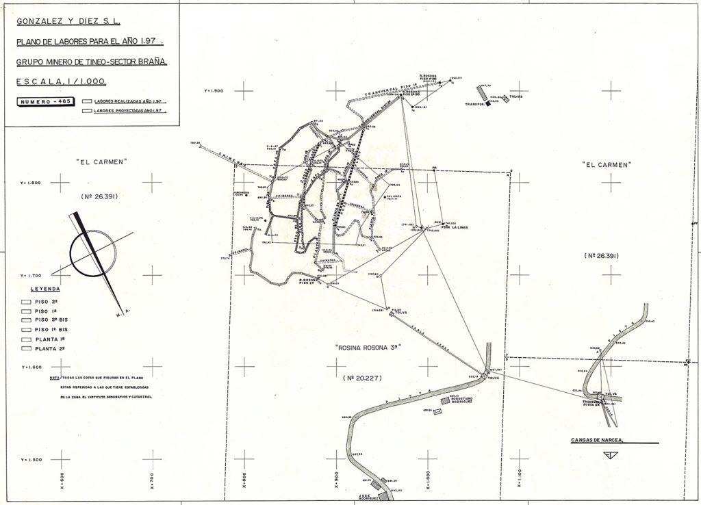 González y Díez S.L. Plano de labores para el año 197X. Grupo minero de Tineo. Sector Braña. E. 1/1000, nº 465. Tineo, Asturias