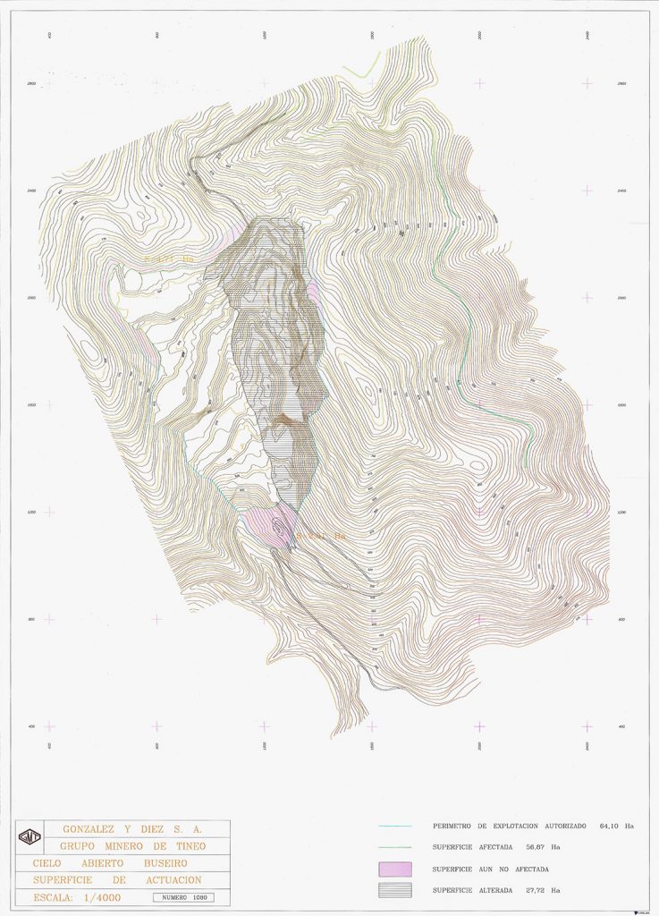 González y Díez S.L. Grupo Minero de Tineo. Cielo abierto Buseiro. Superficie de actuacion. E. 1/4000, nº 1080 (1). Tineo, Asturias