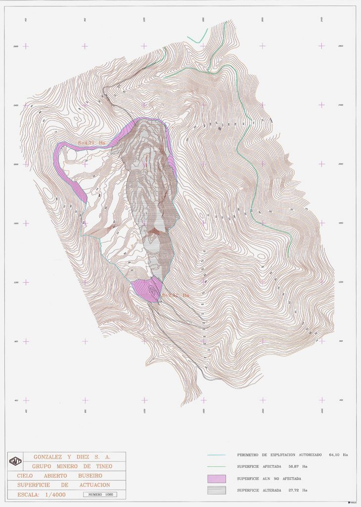 González y Díez S.L. Grupo Minero de Tineo. Cielo abierto Buseiro. Superficie de actuacion. E. 1/4000, nº 1080 (2). Tineo, Asturias