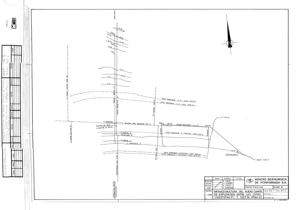 PLN 100 / TOMO 2 MSP. Grupo Paulina. Plano de escala 1:5000. Infraestructura del nuevo campo de explotación entre las cotas 1.128.67 (piso 1º) y 1.027.74 (Piso 0). Serie PA-I. Año 1990