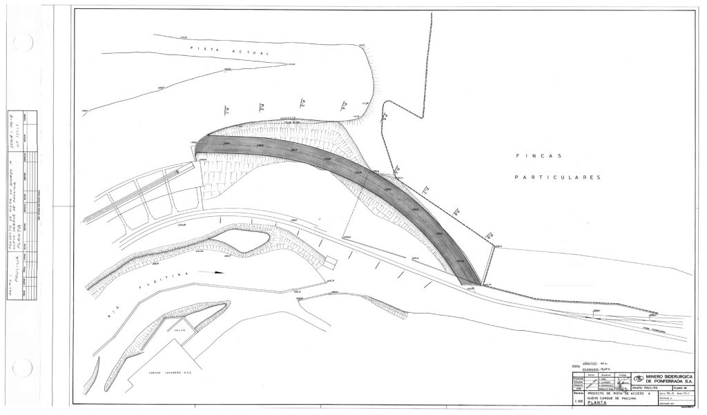 PLN 58 / TOMO 2 MSP. Grupo Paulina. Plano escala 1:200. Proyecto de pista de acceso a nuevo cargue de Paulina (PLANTA). Serie PA-E. Año 1993
