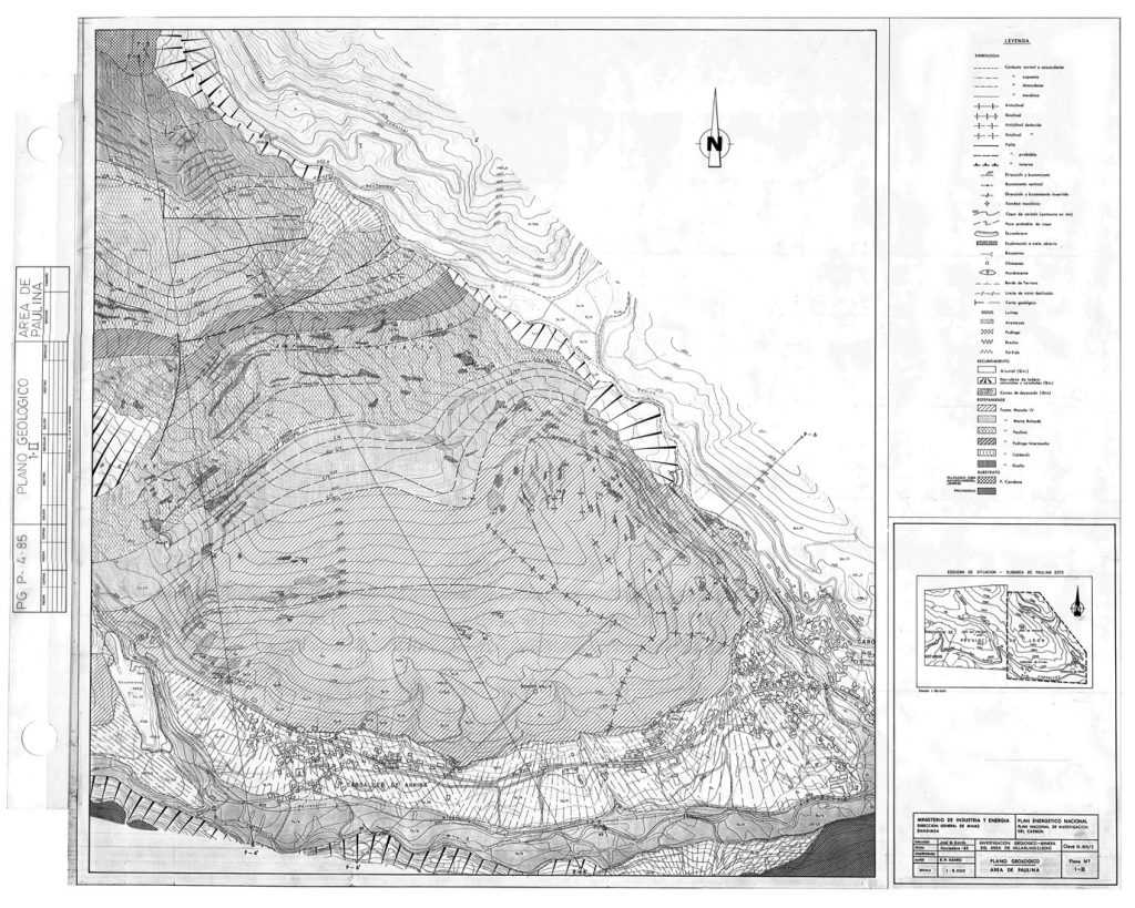 PLN 61 / TOMO 2 MSP. Grupo Paulina. Plano escala 1:50000. Plano geológico área de Paulina. Investigación geológico-minera del área de Villablino. Clave 10305-2. Año 1985