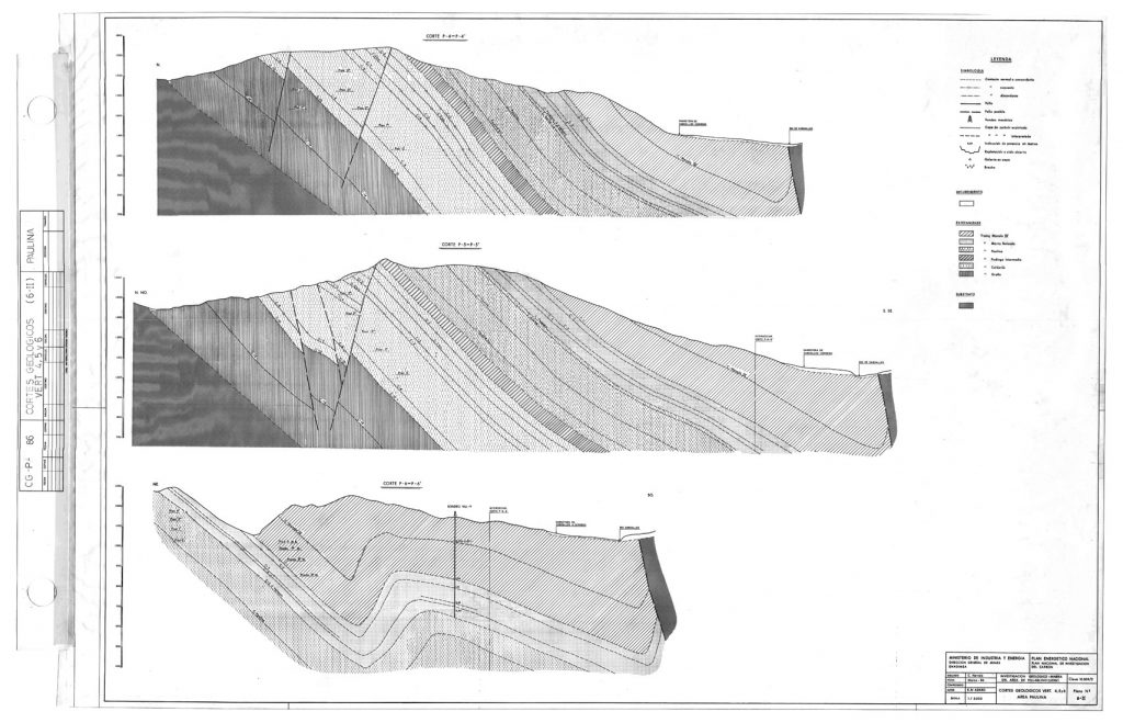 PLN 63 / TOMO 2 MSP. Grupo Paulina. Plano escala 1:5000. Cortes geológicos cert. 4, 5 y 6. Investigación geológico-minera del área de Villablino. Área Paulina. Plano Nº6-II. Clave 10309-2. Año 1986