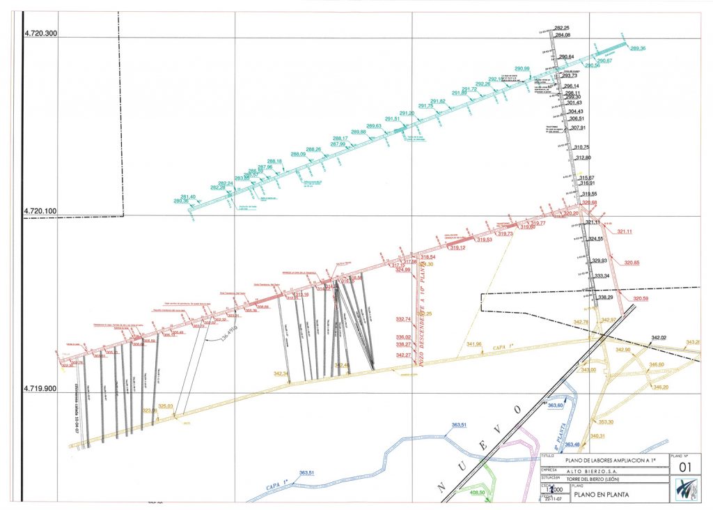 PLN 74 / TOMO 2 – ALTO BIERZO S. A. Plano de escala 1:2000. Plano de labores ampliación a 1ª. Plano en planta nº 1. Año 2007