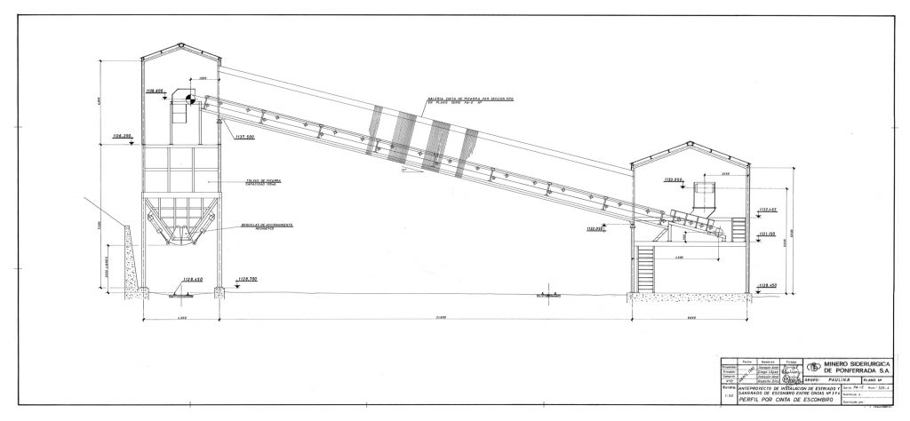 PLN 89 / TOMO 2 MSP. Grupo Paulina. Plano de escala 1:50. Anteproyecto de instalación de estriado y sangrado de escombro entre cintas nº3 y nº4. Perfil por cinta de escombro. Serie PA-E