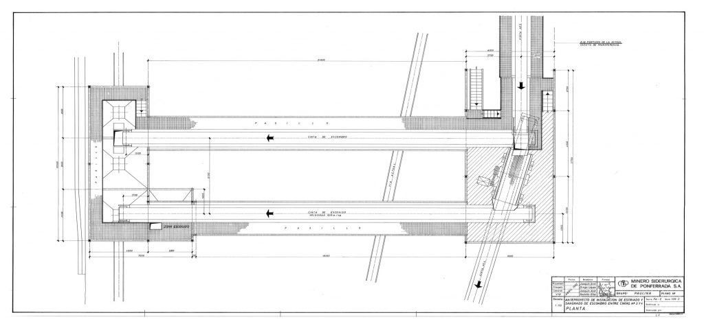 PLN 90 / TOMO 2 MSP. Grupo Paulina. Plano de escala 1:50. Anteproyecto de instalación para estriado y sangrado de escombro entre cintas nº3 y nº4. Planta. Serie PA-E. Año 1992